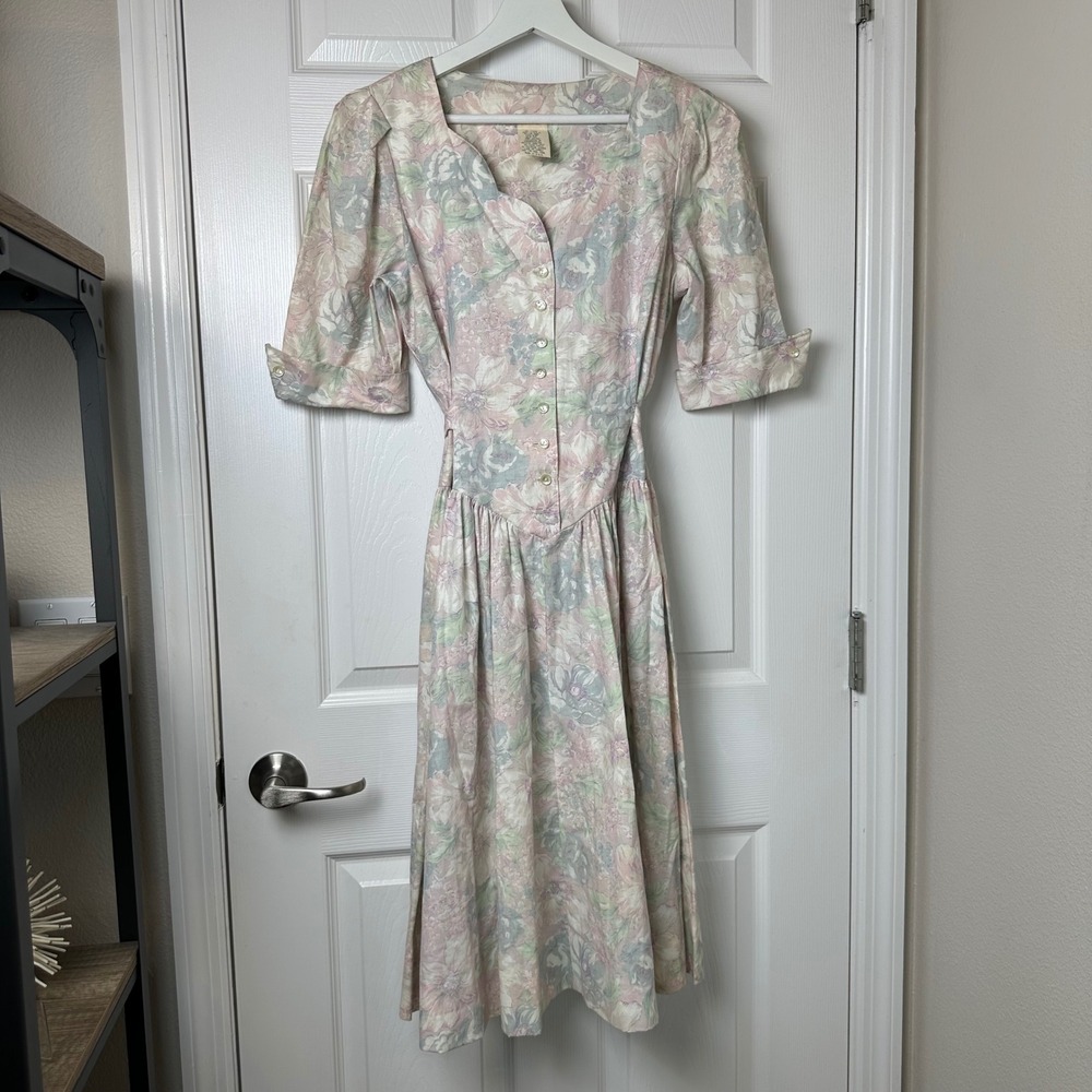 Floral Vintage Prairie Cottagecore Midi Dress Sm Pastel Pink Blue Dropped Waist - Picture 1 of 12